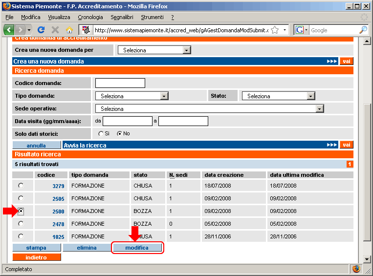 selezione della domanda e click su pulsante modifica